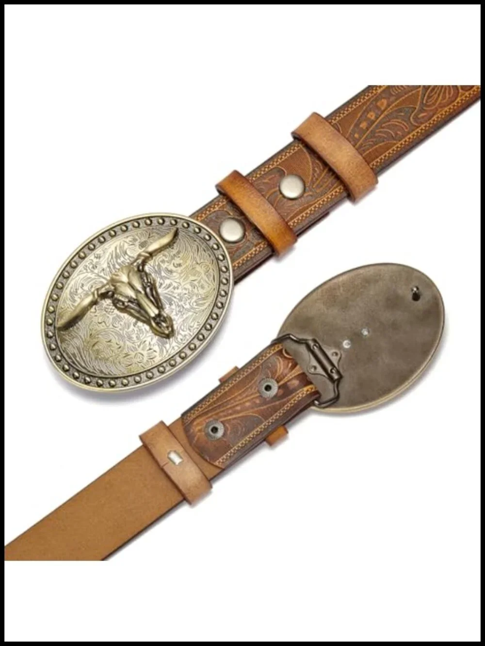Western Cowboy Leather Belt with Embossed Pattern & Horn Buckle